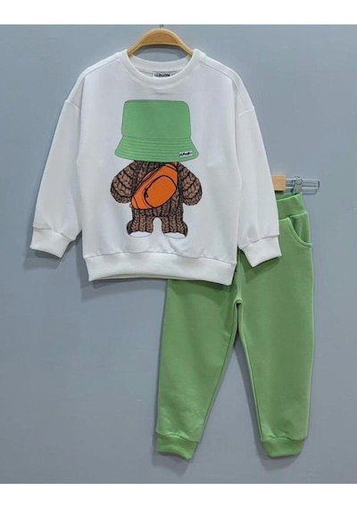 Şapkalı Ayıcık Desenli Unisex Eşofman Takımı Yeşil