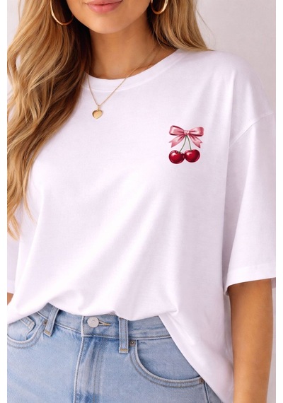 Minimal Kiraz Desenli Baskılı T-shirt Beyaz