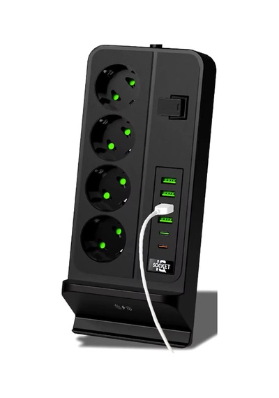 Coverzone Dikey Çoklu Priz, 4 Schuko Priz, 4 Usb-a + 2 Usb-c, Magsafe İle Uyumlu Şarj, 3.4a Usb Çıkışı, Açma Kapama Anahtarlı, 2 Metre Kablolu Masaüstü Power Socket Siyah G12