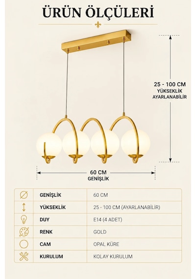 Modern Premium Gold 4'lü Sarkıt Avizesi Ampül Hediyeli Küreli Lüks Salon Mutfak Modelleri E14 Duy