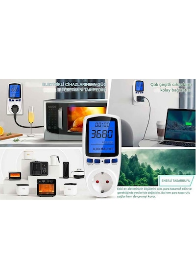 Tograt - Dijital Wattmetre - Priz Tipi - Elektrik Tüketimi Ölçer - 220v 16a 3680w - Işıklı Lcd Ekran