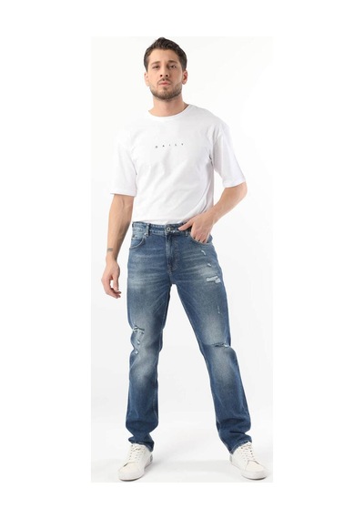Erkek Yırtık Detaylı Jean Pantolon Mavi 001