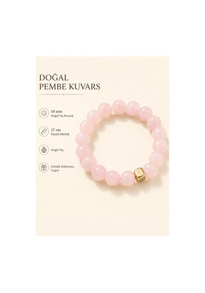 Leyan Doğaltaş 10 Mm Pembe Kuvars Doğal Taş Bileklik Altın Renk Ara Aparatlı El Yapımı Kadın Bileklik Pembe Pembe