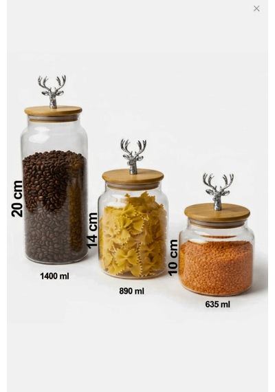 3'lü Bambu Kapaklı Metal Gümüş Geyik Figürlü Şeffaf Cam Kavanoz Şeffaf Cam Saklama Kabı 635/890/1400ml Çok renkli
