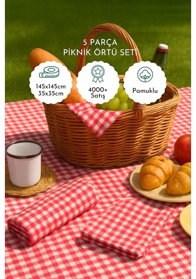 Lexroo 5li Piknik Seti, Piknik Masa Örtüsü 145x145cm Ve 4 Piknik Peçetesi 36x36cm Çok Renkli