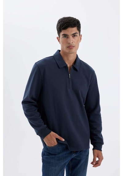 DeFacto Regular Fit Polo Yaka Yarım Fermuarlı Basic Düz Sweatshirt D2279AX24AUNV125 Lacivert