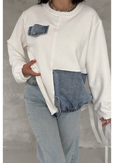 Femelle Kadın Beyaz Kot Detaylı Tasarım Sweatshirt