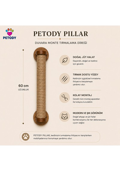 Petody Bastion - Doğal Ahşap Duvara Monte Kedi Tırmalama Direği