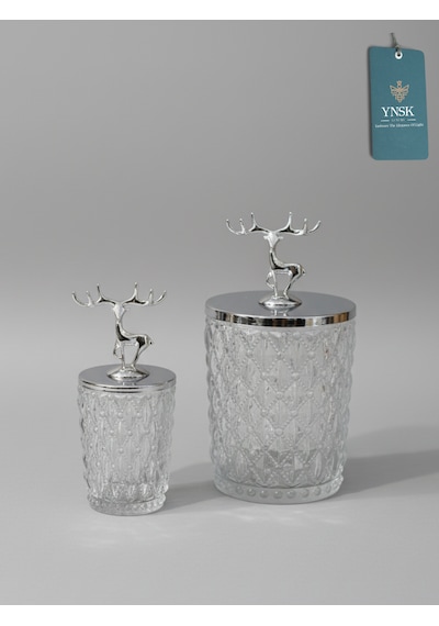 Chacha Home Luxury Lusso 2'li Gümüş Geyik Figür Kapaklı Kristal Cam Şekerlik, Saklama Kabı, Kavanoz