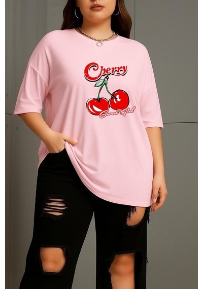 Büyük Beden Cherry Kiraz Baskılı Unisex Tişört Pembe