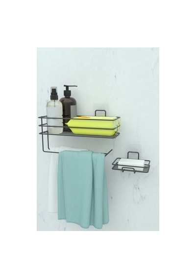Metal Sabunluk Ve Kağıt Havlu Tutacağı İle Banyo Rafı Seti Açık Kahverengi
