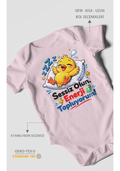 Morivokids Sessiz Olun, Enerji Topluyorum Kısa Kollu Bebek Body %100 Pamuk Bebe Pembe