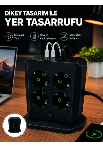 Hubrendy Tekno Dikey Priz Kulesi 8 Ac Priz 4 Usb 2 Type-c Çocuk Korumalı Güç Dağıtıcı 0