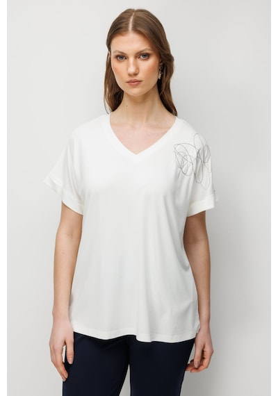On Kadın Büyük Beden Tek Omzu Zincirli V Yaka T-shirt 71368 Ekru