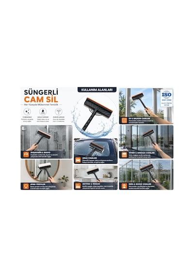 Süngerli Cam Sil Çift Taraflı Silikon Çekçekli Cam Temizleme Aparatı İz Bırakmayan Cam, Ayna, Duşakabin Ve Araç Camı Temizleyici Cam Silme Mopu Çek Pas