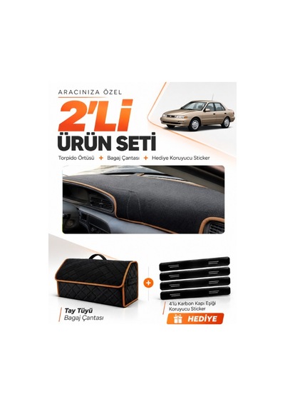 Kia Sephia 1995-1998 Uyumlu Torpido Örtüsü + Tay Tüyü Bagaj Çantası + Sticker - Siyah Kahverengi