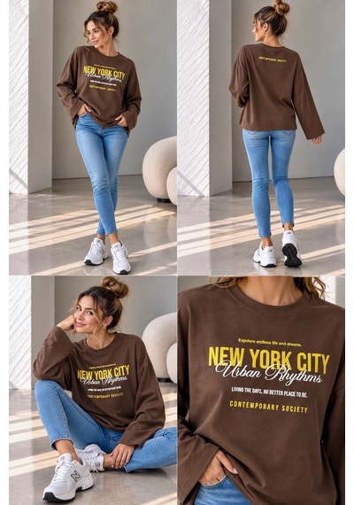 Bb Butik Basic Kadın Baskılı Bol Kollu Oversize İnce Sweatshirt Trend Model Mu3535 Kahverengi Bb Butik Basic Kadın Baskılı Bol Kollu Oversize İnce Sweatshirt Trend Model Mu3535 Kahverengi
