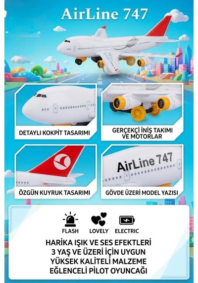 Işıklı Ve Sesli Thy Yolcu Uçağı İniş Takımı Model Kuyruklu 32 Cm Kaliteli Eğlenceli Oyuncak Uçak