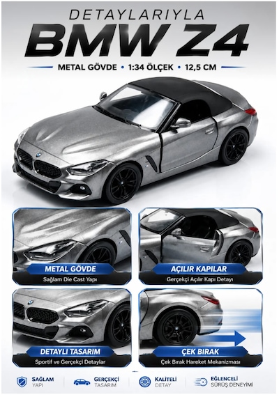 Oyuncak Bmw Z4 Diecast Açılır Kapılı Çek Bırak Metal Roadster Cabrio Model Spor Araba 1:34 Ölçek 12,5 Cm Gri