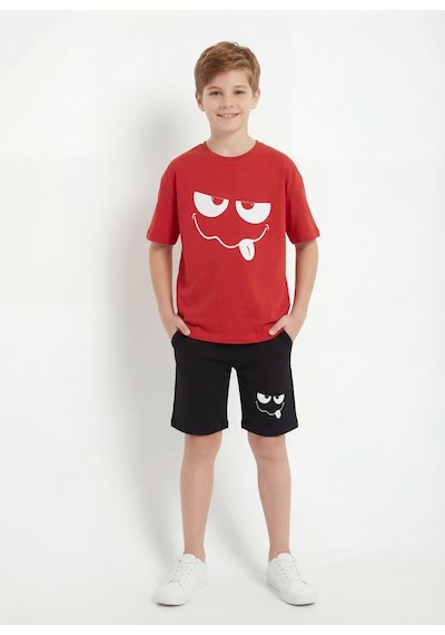 Fyk Kids Yuvarlak Yakalı Yazlık Sevimli Emoji Baskı Detaylı Kaprili Erkek Çocuk Alt Üst Takım Kırmızı Fyk Kids Yuvarlak Yakalı Yazlık Sevimli Emoji Baskı Detaylı Kaprili Erkek Çocuk Alt Üst Takım Kırmızı