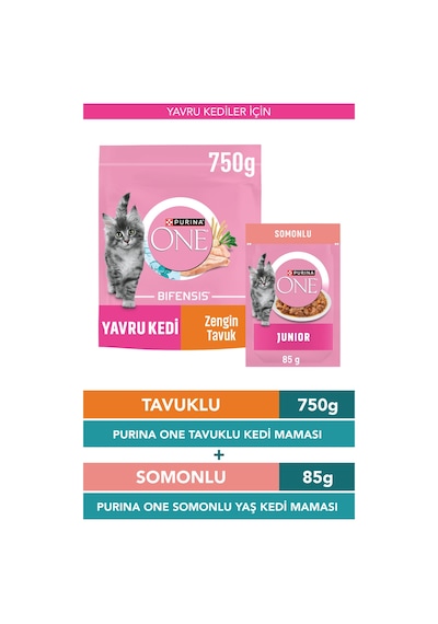 Purina One Junior Tavuklu Yavru Kedi Maması 750 G + Junior Somon Yaş Yavru Kedi Maması 85g