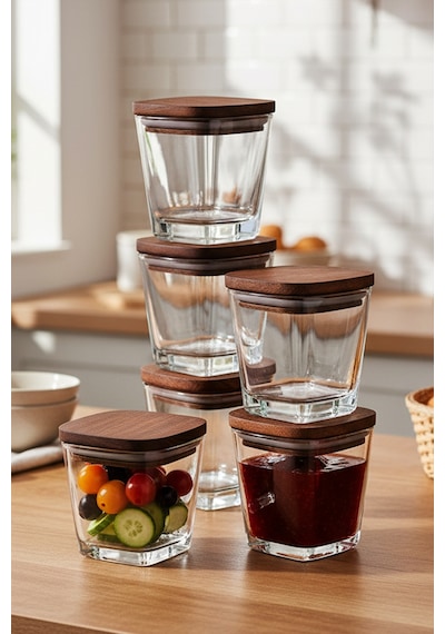 Prime - 6'lı Ahşap Vakumlu Kapaklı Cam Kahvaltılık Çok Amaçlı Cam Çerezlik 300 ml