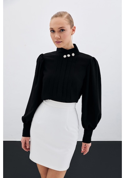 Sateen Nervür Detaylı Bluz - Siyah-135421 Siyah