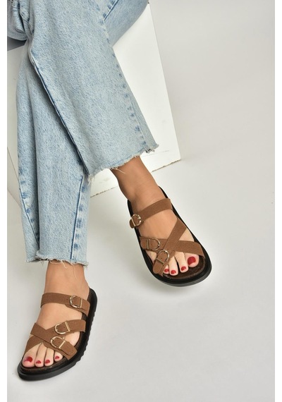 Fox Shoes Y250502502 Taba Süet Tokalı Kadın Terlik Taba