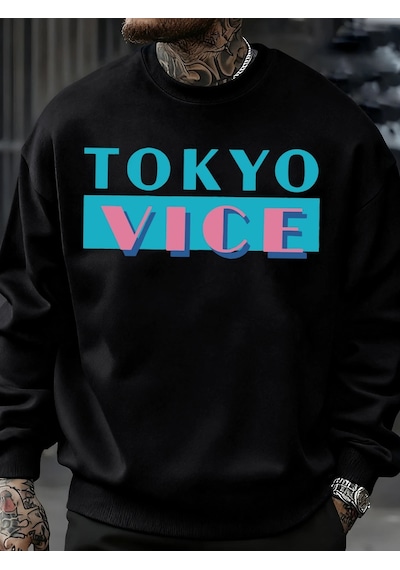 Startmore Tarzsokak Tokyo Vice Büyük Harfli Baskılı Sweatshirt Erkek Polar Bol Moda Sokak Giyim O-yaka Sonbahar K Siyah