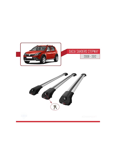 Dacia Sandero Stepway 2008-2012 Arası İle Uyumlu Ace-1 Ara Atkı Tavan Barı Gri 3 Adet Bar