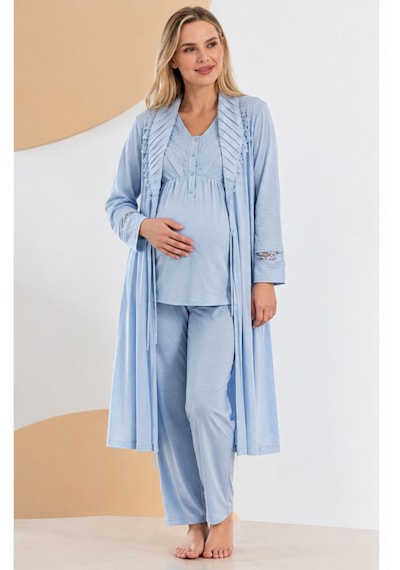 Bone Club 6305 Uzun Kol 3 Lü Sabahlıklı Lohusa Hamile Pijama Takımı Mavi