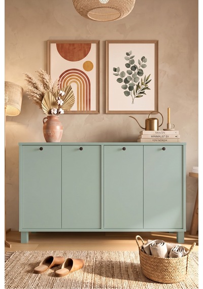 Yurudesign Nord Konsol 4 Kapaklı Ahşap Ayaklı 120cm Ihlamur Yeşili Nd2-y