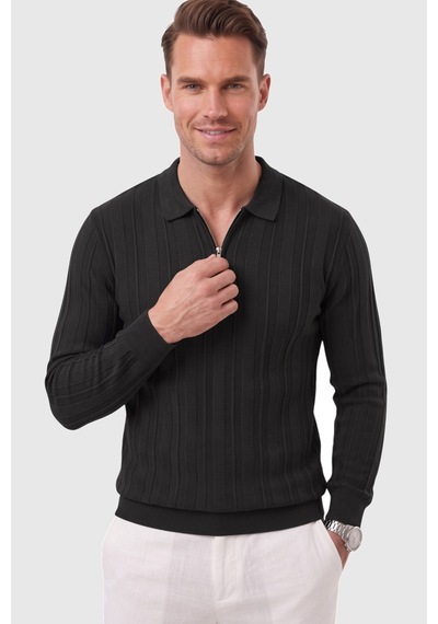 Rizzup Erkek Slim Fit Dokulu Siyah Triko Kazak Fermuarlı Polo Yaka Likralı Esnek 2708505