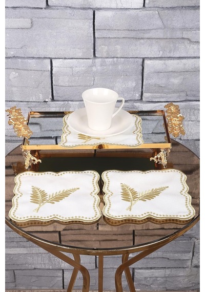 Bonny Home Palmiye Yaprak Gold 6'li Kokteyl Sunum Peçetesi, Nakış İşlemeli, 15x15 Cm Diğer