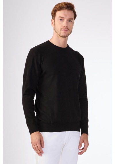 Dufy Siyah Bisiklet Yaka %100 Pamuk Düz Renk Slim Fit Erkek Triko Siyah