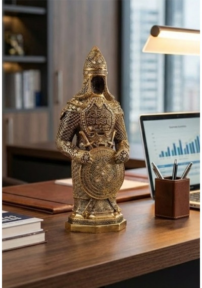 Taş İşlemeli Gold Biblo Allah & Muhammed S.a.v Zırhlı Cevşen Ayetli Asker Figürlü Taşlı Biblo 23cm Polyester