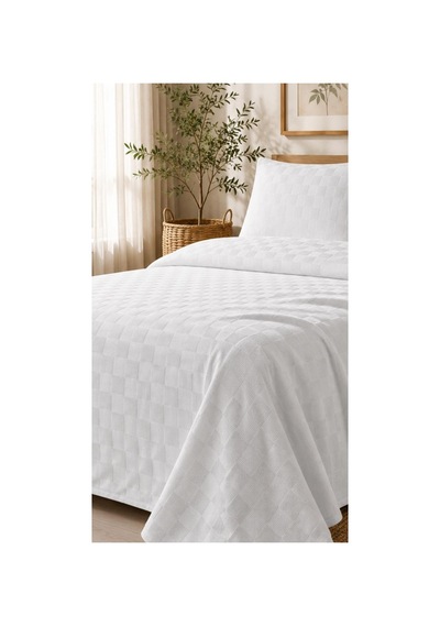 Tek Kişilik Beyaz Dama Desenli Pike Otel Pikesi %100 Pamuk 160 X 200 Cm Beyaz Beyaz