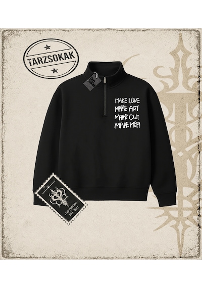 Tarzsokak Gotik & Grunge Streetwear Make Love Make Yarım Fermuarlı Sweatshirt Siyah