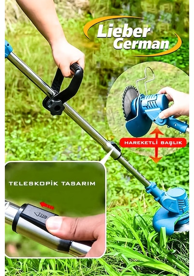 Lieber German LG-21 4X Akülü Dal Ağaç Kesme Budama Makası + Ot Çim Kesme Tırpan Makinesi