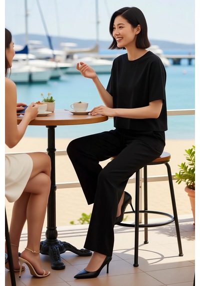 Benerly Kadın Büyük Beden Relaxed Kesim Kısa Kollu Bisiklet Yaka Ribana Ö Siyah