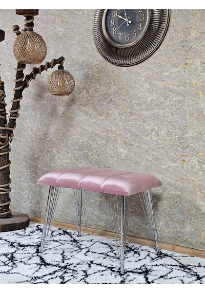 Zafir Metal Krom Tel Ayaklı 60 Cm Puf Bench - Puf - Bench - Oturak - Mutfak Oturağı - Antre Oturağı Pembe