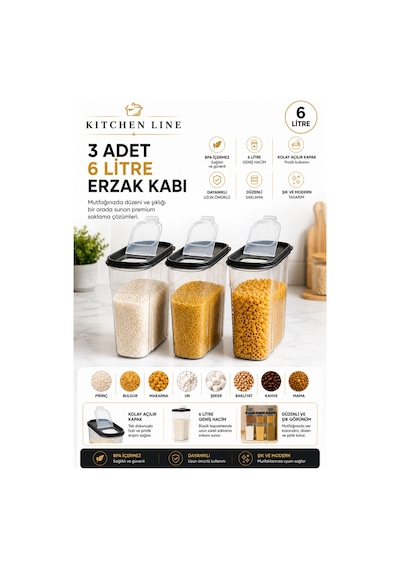 3'lü 6 Litre Premıum Erzak Saklama Kabı Seti Şeffaf
