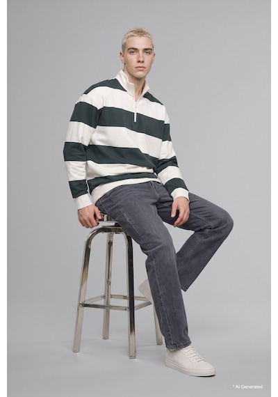 Defacto Boxy Fit Dik Yaka Yarım Fermuarlı Çizgili Sweatshirt C7045ax26augn498 Yeşil-gn498