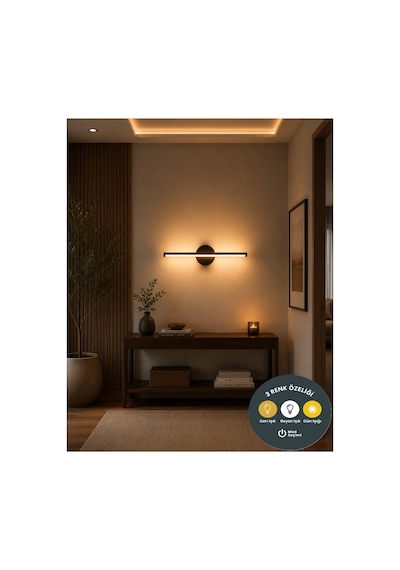 Düz Aplik 30 Cm Minimal Tasarım Siyah Led Aplik 3 Renkli - Modern Ev Dekorasyonu Aydınlatması