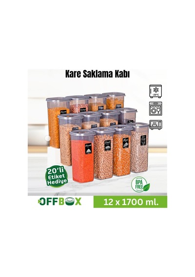 Offbox Kare Bakliyat Baharat Gıda Saklama Kabı - 1.7 Lt. - 12 Adet Antrasit Şeffaf