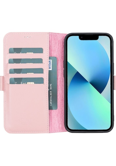 Apple Uyumlu iPhone 13 Deri Cüzdanlı Kılıf Toz Pembe