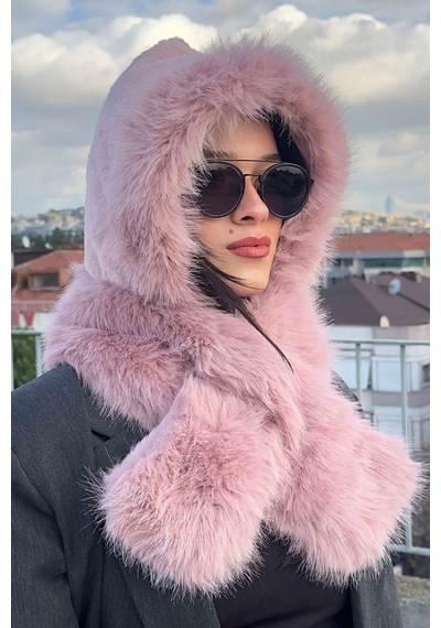 Mollycrush Kadın Pembe Suni Kürk Eşarp Atkı Şapka Kışlık Sıcak Tutan Soft Peluş Model Pembe
