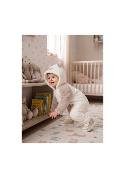 Chicsy Baby Tatlı Ayıcık Nakışlı Bebek Welsoft Tulum Kapüşonlu Kulaklı Fermuarlı Cepli Kışlık Peluş Tulum Bej