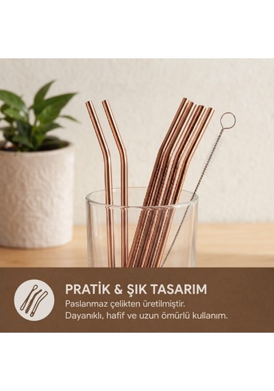 Pipet Paslanmaz Çelik Şık Metal 6'lı Kaşıklı Pipet Sunum Aksesuarı Ev Davetleri Çok Renkli