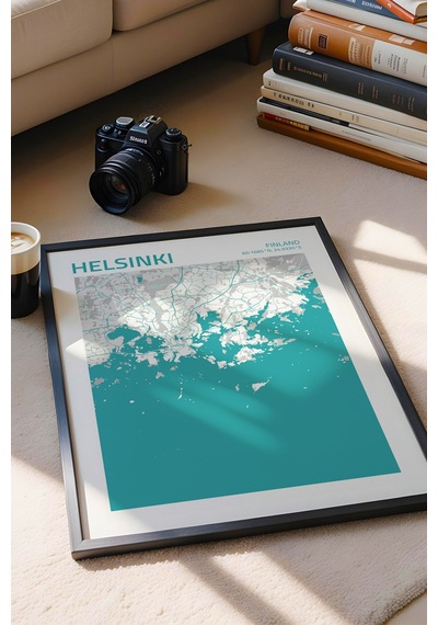 Helsinki Finlandiya Finland Haritası Çerçeveli Tablo Lüks Salon Ofis Duvar Dekorasyonu Tablo Siyah